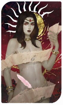 1girl absurdres black_hair border bracelet breasts censored commission completely_nude floating floating_object highres jewelry large_breasts long_hair looking_at_viewer navel noirsnow nude paper red_background red_eyes solo sophia_(ladyxiphilinos) warcraft white_border world_of_warcraft