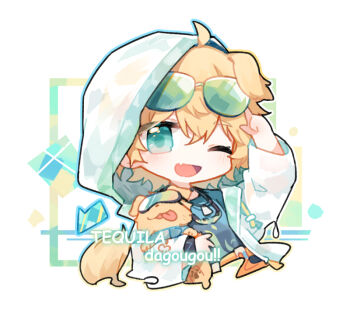 1boy ahoge animal animal_collar animal_ears arknights blonde_hair blue_eyes blue_vest blush bracelet character_name chibi chibi_only chinese_commentary collar commentary_request dog dog_boy dog_ears animal_nose dog_tags dog_tail eyewear_on_head fang goggles green-tinted_eyewear hair_between_eyes hand_up holding holding_animal hood hood_up hooded_jacket jacket jewelry male_focus messy_hair multiple_necklaces necklace one_eye_closed open_clothes open_jacket open_mouth paw_print pointing renren see-through_clothes skin_fang smile square sunglasses tail tequila_(arknights) thick_eyebrows tinted_eyewear tongue tongue_out vest watermark