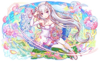 1girl adjusting_hair anime_coloring aqua_flower aqua_petals aqua_pupils aqua_rose armpit_crease artist_request bare_shoulders blue_sky blunt_bangs blush bouquet bow bow_legwear braid breasts bright_pupils closed_mouth crash_fever crown_braid day dot_nose dress elf emilia_(re:zero) field flower flower_field from_above full_body game_cg garter_straps grass grey_hair hair_flower hair_ornament happy high_heels holding holding_bouquet jewelry lace lace-trimmed_dress lace-trimmed_sleeves lace_trim large_breasts light_particles long_hair long_sidelocks looking_at_viewer low-tied_long_hair number_print numbered official_art official_style outdoors outline pink_bow pink_flower pink_petals pink_ribbon pink_rose pointy_ears purple_eyes purple_flower purple_rose raised_eyebrows re:zero_kara_hajimeru_isekai_seikatsu red_outline ribbon ring rose see-through_clothes see-through_dress_layer see-through_veil short_dress sidelocks single_stripe sky solo square square_print straight_hair strapless strapless_dress striped_clothes striped_collar striped_dress tachi-e teeth thighhighs third-party_source tight_clothes tight_dress too_many_flowers transparent_background veil very_long_hair wedding_dress wedding_ring white_dress white_flower white_footwear white_garter_straps white_rose white_sleeves white_thighhighs white_veil yellow_petals yellow_ribbon