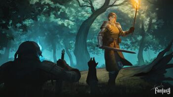 1boy 1girl absurdres armor armored_boots belt blue_fire boots brown_hair buckle fantasy fire fog forest gauntlets gloves highres holding holding_sword holding_torch holding_weapon knee_boots lips log looking_at_another nature night original outdoors scenery severed_arm severed_limb severed_torso shoulder_armor signature sonech standing strap sword torch tree undead weapon