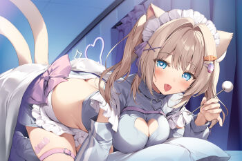 1girl all_fours animal_ears apron blonde_hair blue_eyes blue_shirt blue_skirt bow breasts cat_ears cat_girl cat_tail cleavage cleavage_cutout clothing_cutout commentary_request crop_top fang frills grey_socks hair_intakes hair_ornament hairclip headdress heart heart-shaped_pupils heart_cutout holding karory long_hair long_sleeves looking_at_viewer maid_apron maid_headdress medium_breasts midriff mimikaki miniskirt multiple_tails naughty_face open_mouth original pillow purple_bow shirt shoulder_cutout skirt smile socks solo sweatdrop symbol-shaped_pupils tail thigh_strap thighs tongue tongue_out top-down_bottom-up twintails two_tails waist_apron
