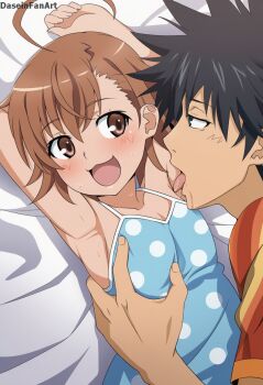 1boy 1girl ahoge arms_behind_head artist_name bed blush breasts brown_eyes brown_hair camisole cleavage grabbing_another&#039;s_breast groping highres kamijou_touma last_order_(toaru_majutsu_no_index) licking licking_armpit lying official_style open_mouth shirt short_hair small_breasts smile sweat toaru_kagaku_no_railgun toaru_majutsu_no_index tongue tongue_out