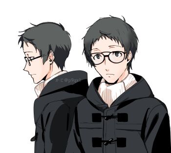 Rule 34 | 1boy, absurdres, adachi tooru, ajirostudio, black-framed eyewear, black coat, black hair, closed mouth, coat, commentary request, from side, glasses, grey eyes, highres, hood, hood down, hooded coat, male focus, multiple views, persona, persona 4, short hair, simple background, twitter username, upper body, white background