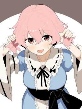 Rule 34 | 1girl, absurdres, black ribbon, blue kimono, blush, breasts, bunching hair, collarbone, commentary, frilled kimono, frills, hands in own hair, highres, japanese clothes, kapuri (capuriwa), kimono, large breasts, long sleeves, looking at viewer, neck ribbon, no headwear, open mouth, pink eyes, pink hair, ribbon, saigyouji yuyuko, sleeve garter, smile, sweatdrop, touhou, wide sleeves