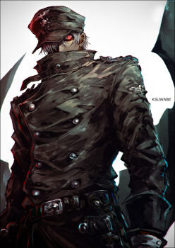 Rule 34 | 1boy, artist name, captain (hellsing), glowing, glowing eyes, hair over one eye, hat, hellsing, holster, holstered, k-suwabe, looking at viewer, military hat, nazi, red eyes, solo, white hair