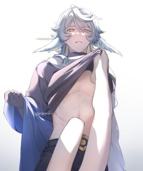 2boys black_gloves caelus_(honkai:_star_rail) clothes_lift feet_up gloves halo head_wings highres honkai:_star_rail honkai_(series) kurashiki_(kas0) legs_up male_focus midriff multiple_boys open_clothes open_shirt shirt_lift stomach sunday_(honkai:_star_rail) trailblazer_(honkai:_star_rail) wings yaoi