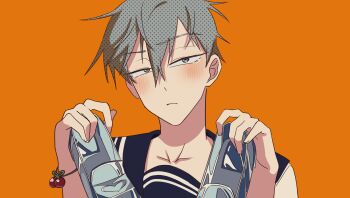 1boy alien_stage blush bracelet cherry_bracelet cinderella_(vocaloid) closed_mouth commentary english_commentary glass_footwear green_eyes grey_hair highres holding holding_shoes holding_unworn_clothes jewelry kuradrawings male_focus shoes short_hair solo till_(alien_stage) unworn_shoes very_short_hair