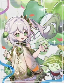1girl :d aranara_(genshin_impact) balloon bare_shoulders bloomers bracelet commentary_request detached_sleeves dress genshin_impact gold_trim gradient_hair green_eyes green_hair green_sleeves hair_between_eyes hair_ornament highres holding holding_balloon jewelry leaf_hair_ornament long_hair looking_at_viewer multicolored_hair nahida_(genshin_impact) open_mouth pointy_ears side_ponytail sleeveless sleeveless_dress smile solo star-shaped_pupils star_(symbol) symbol-shaped_pupils underwear unouto upper_body watermark white_bloomers white_dress white_hair