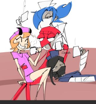 1boy 3girls artist_self-insert bandages coffee_mug couch cup freckles gloves hallow_(skullgirls) hat horns latex latex_gloves mask mouth_mask mug multiple_girls nurse nurse_cap patty_(skullgirls) skullgirls steam surgical surgical_mask valentine_(skullgirls) zdecielo