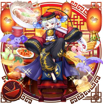 1girl :d alternate_costume bamboo_steamer black_pants blue_ribbon bowl char-siu chinese_clothes commentary curled_horns dumpling eagle_spirit_(touhou) english_commentary food full_body game_cg hair_ribbon hat highres horns jiaozi lantern long_sleeves looking_at_viewer meandros noodles official_art open_mouth oversized_food oversized_object pants paper_lantern plate pointy_ears qingdai_guanmao ramen red_eyes red_horns ribbon rotte_(1109) short_hair shrimp sleeves_past_fingers sleeves_past_wrists smile softboiled_egg solo spoon spring_onion spring_roll standing standing_on_one_leg steamed_bun third-party_source touhou touhou_lostword toutetsu_yuuma toutetsu_yuuma_(all-you-can-devour_banquet) transparent_background white_hair wide_sleeves