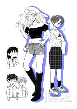 2boys 3girls :d absurdres annoyed bag blue_outline boots chamame_(553511bshm) collared_shirt commentary_request crop_top cropped_torso crossed_arms denim denim_shorts dress_shirt ear_piercing fang frilled_shirt frills full_body futsuu_no_keion-bu glasses hand_up handbag hatono_chihiro highres long_hair looking_at_another looking_at_viewer midriff mizuo_haruichi monochrome multiple_boys multiple_girls navel neck_ribbon nikaidou_mawari off-shoulder_shirt off_shoulder open_mouth outline parted_bangs piercing plaid_clothes plaid_skirt print_shirt puff_of_air puffy_short_sleeves puffy_sleeves ribbon round_eyewear shaded_face shirt shoes short_hair short_shorts short_sleeves shorts shoulder_bag skirt small_pupils smile sneakers socks spot_color standing t-shirt takami_kouki tatsumi_reiha undercut unmoving_pattern watermark waving