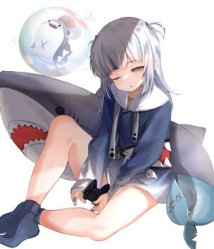1girl bloop_(gawr_gura) blue_hoodie blue_nails blue_socks blue_streaks commentary_request controller fins fish_tail game_controller gawr_gura gawr_gura_(1st_costume) grey_hair highres holding holding_controller holding_game_controller hololive hololive_english hood hoodie kanae_(inorin05kanae) looking_at_viewer medium_hair nail_polish one_eye_closed open_mouth shark_girl shark_print shark_tail socks solo stuffed_animal stuffed_shark stuffed_toy tail two_side_up virtual_youtuber white_background