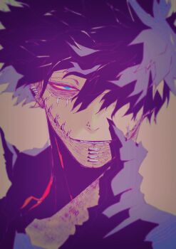 1boy absurdres bags_under_eyes black_hair blue_eyes boku_no_hero_academia burn_scar collared_shirt dabi_(boku_no_hero_academia) floating_hair hair_over_one_eye highres looking_at_viewer male_focus one_eye_covered portrait scar shigeru_(shigeru_no_ttt) shirt short_hair solo stapled_face