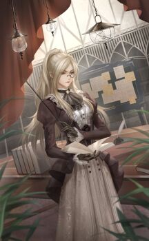 1girl artist_request ascot bib_collar black-framed_eyewear black_ascot black_gloves black_shirt blonde_hair book brooch brown_skirt bulletin_board ceiling_light closed_mouth coat collar cowboy_shot curtains downturned_eyes dutch_angle expressionless frilled_collar frilled_sleeves frills game_cg gloves high_ponytail highres holding holding_baton holding_book indoors inkwell jewelry juliet_sleeves lipstick long_hair long_skirt long_sleeves makeup monocle nikki_(series) official_art open_book paper plant pleated_skirt ponytail potted_plant puffy_sleeves reading round_eyewear sheila&#039;s_discipline_(shining_nikki) shining_nikki shirt sidelocks skirt sleeves_past_wrists solo stage standing teacher very_long_hair white_coat zoey_(shining_nikki)