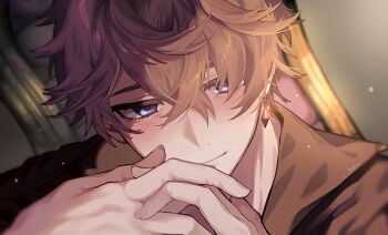 1boy blue_eyes blush close-up closed_mouth commentary_request crossed_bangs earrings genshin_impact hair_between_eyes highres jewelry male_focus nerine_2 orange_hair own_hands_clasped own_hands_together single_earring tartaglia_(genshin_impact)