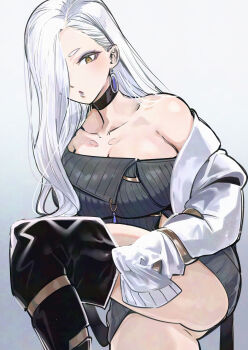 Rule 34 | 1girl, absurdres, akinaie, bare shoulders, black thighhighs, blue lips, blush, breasts, choker, cleavage, commentary request, dress, earrings, eyeliner, fate/grand order, fate (series), grey dress, hair over one eye, highres, hoop earrings, jacket, jewelry, large breasts, long hair, long sleeves, looking at viewer, makeup, mrs. snake (fate), off shoulder, solo, sweater, sweater dress, tassel, thighhighs, thighs, white hair, white jacket, yellow eyes
