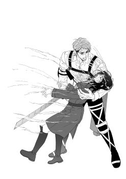 1boy 1girl absurdres arm_around_back beard black_hair clenched_teeth closed_eyes collared_shirt commentary_request daepa99 facial_hair falling full_body furrowed_brow greyscale highres holding holding_weapon jacket jean_kirstein korean_commentary medium_hair military_jacket monochrome parted_bangs parted_lips pieck_finger shingeki_no_kyojin shirt short_hair sideburns skirt sweat sweatdrop teeth three-dimensional_maneuver_gear weapon white_background white_shirt