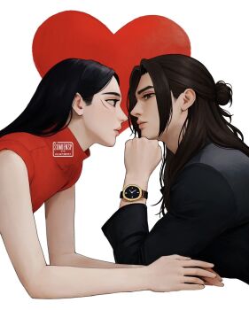 1boy 1girl artist_name bare_arms bare_shoulders black_hair black_shirt brown_hair couple eren_yeager facial_scar hair_bun half_updo head_on_hand hetero highres leaning_forward long_hair looking_at_another mikasa_ackerman parted_bangs red_shirt scar scar_on_cheek scar_on_face shingeki_no_kyojin shirt sumiensp upper_body watch white_background wristwatch