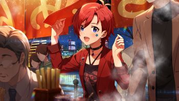 Rule 34 | 2girls, 3boys, black choker, blue eyes, choker, commentary request, earrings, facial mark, game cg, hands up, idolmaster, idolmaster million live!, idolmaster million live! theater days, jacket, jewelry, julia (idolmaster), julia (private dress) (idolmaster), lapels, long sleeves, multiple boys, multiple girls, night, notched lapels, official alternate costume, official alternate hairstyle, official art, open clothes, open jacket, open mouth, outdoors, red hair, red jacket, restaurant, short hair, solo focus, star (symbol), star facial mark, third-party source