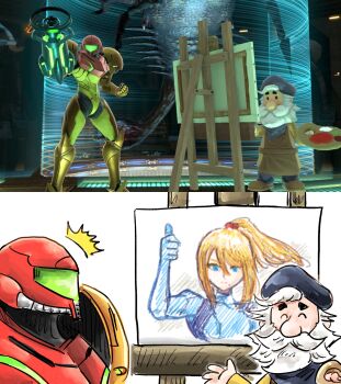 Rule 34 | 1boy, 1girl, arm cannon, armor, beard, beret, blonde hair, blue eyes, canvas (object), closed eyes, facial hair, game screenshot inset, hat, high ponytail, highres, holding, holding paint palette, kicdon, metroid, nintendo, paint palette, painting (object), parasite queen, ponytail, power armor, power suit (metroid), samus aran, super smash bros., surprised, thumbs up, vince (art academy), weapon, zero suit