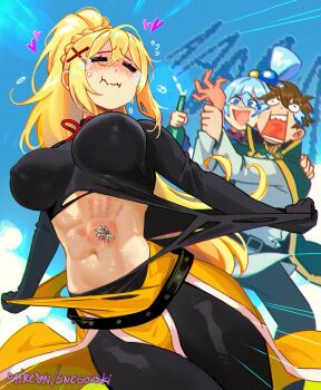1boy 2girls abs aqua_(konosuba) black_bodysuit blonde_hair blue_eyes blush bodysuit breasts bug clothes_pull covered_erect_nipples crying darkness_(konosuba) hair_ornament handprint high_ponytail highres hitting insect kono_subarashii_sekai_ni_shukufuku_wo! large_breasts laughing long_hair masochism mosquito multiple_girls open_mouth ponytail pulling_own_clothes raised_eyebrows satou_kazuma screaming slap_mark slapping smack snegovski tears torn_bodysuit torn_clothes undressing x_hair_ornament