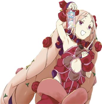 1girl :d absurdly_long_hair aged_down anna_sprengel armpits big_hair black_leotard breasts cleavage clothing_cutout covering_breasts covering_privates dress dress_flower flower frills full_body haimura_kiyotaka hair_flower hair_ornament hand_up holding leotard long_hair multicolored_leotard nail_polish navel navel_cutout non-web_source novel_illustration official_art open_mouth out_of_frame oversized_clothes pink_eyes pink_hair purple_dress purple_eyes red_flower red_leotard red_nails red_rose rose rosenkreutz simple_background smile solo standing toaru_majutsu_no_index toaru_majutsu_no_index:_genesis_testament transparent_background very_long_hair video_game waist_cape