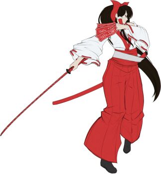 Rule 34 | 1girl, absurdres, black shoes, bow, brown eyes, brown hair, detached sleeves, drawfag, from side, hair bow, hair tubes, hakurei reimu, highres, holding, holding ofuda, holding sword, holding weapon, katana, long hair, ofuda, pants, red bow, red pants, ribbon, shirt, shoes, solo, sword, touhou, transparent background, very long hair, weapon