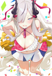 Rule 34 | 1girl, alternate costume, asymmetrical bangs, bare legs, bare shoulders, blue archive, blush, breasts, cleavage, confetti, demon horns, grey hair, hair over one eye, highres, holding, holding pom poms, horns, large breasts, long hair, looking at viewer, makoto (blue archive), midriff, millennium cheerleader outfit (blue archive), miniskirt, misskey.io username, navel, one eye covered, pom pom (cheerleading), pom poms, quatraise, shoes, sidelocks, skirt, sneakers, solo, sweatdrop, twitter username, very long hair