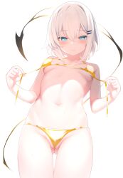 Rule 34 | 1girl, between labia, bikini, blue eyes, blush, breasts, cameltoe, cleavage, closed mouth, collarbone, from below, gold bikini, golden week, hair between eyes, hair ornament, hairclip, highres, looking at viewer, looking down, navel, original, otokuyou, partially visible vulva, ringo-chan (otokuyou), shiny swimsuit, short hair, simple background, small breasts, solo, swimsuit, untied bikini, wedgie, white background, white hair, yellow bikini