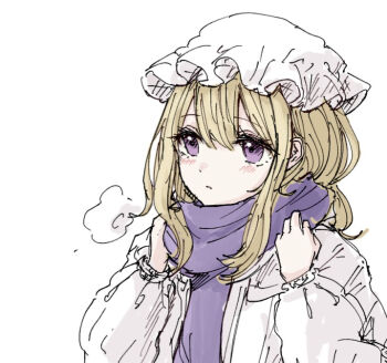 Rule 34 | 1girl, adjusting scarf, blonde hair, blush, hat, kashiwada kiiho, long sleeves, looking to the side, maribel hearn, medium hair, mob cap, open mouth, purple eyes, purple scarf, scarf, sidelocks, simple background, solo, touhou, white background, white hat, winter clothes