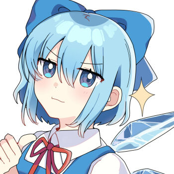 Rule 34 | 1girl, blue bow, blue dress, blue eyes, blue hair, blush, bow, cirno, closed mouth, collared shirt, dress, hair between eyes, hair bow, hand up, highres, ice, ice wings, looking at viewer, neck ribbon, pinafore dress, puffy short sleeves, puffy sleeves, red ribbon, ribbon, shirt, short hair, short sleeves, simple background, sleeveless, sleeveless dress, smile, solo, sparkle, thumbs up, touhou, upper body, user dwmj3838, v-shaped eyebrows, white background, white shirt, wings