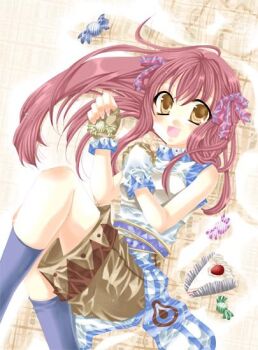 1girl 2000s_(style) :d blue_socks blush bow brown_eyes brown_gloves brown_shorts cake cake_slice candy closed_mouth commentary_request feet_out_of_frame fingerless_gloves food gloves hair_bow looking_at_viewer lying on_back open_mouth pink_bow pink_hair ragnarok_online shirt shorts sleeveless sleeveless_shirt smile socks solo super_novice_(ragnarok_online) white_shirt wrapped_candy yukari_(mariko)