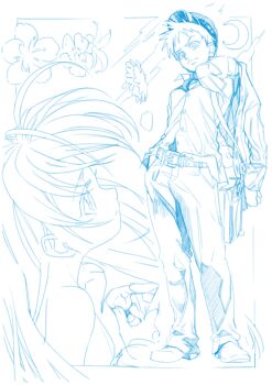 1boy 1girl belt blue_theme collared_shirt commentary_request crescent_moon flower jacket light_smile long_hair looking_at_another monochrome moon okuribi open_clothes open_jacket original own_hands_together pants shirt sketch steepled_fingers