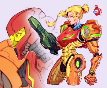 1girl among_us arm_cannon armor blonde_hair blue_eyes grey_background long_hair metroid mlopez.artz multiple_views nintendo no_headwear parted_lips ponytail power_armor power_suit_(metroid) red_(among_us) red_armor samus_aran simple_background two-tone_armor weapon