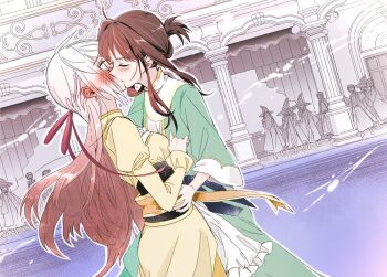 Rule 34 | 6+girls, blush, brown hair, closed eyes, colorized, commentary request, dress, ear blush, earrings, green dress, green eyes, hand on another's neck, hand on another's waist, hat, highres, jewelry, kiss, luliam santamagia, multiple girls, muryoku seijo to munou oujo, robe, shiyan ying, sweat, tamasaki tama, tamura nana, witch hat, yellow dress, yuri