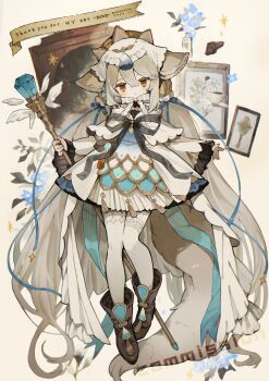 1girl absurdres animal_ears brown_eyes closed_mouth commentary commission dot_mouth dress fox_ears fox_girl fox_tail highres holding holding_staff long_hair original sakurada_shiro_(hy_plus) sakutake_(ue3sayu) skeb_commission solo staff tail very_long_hair