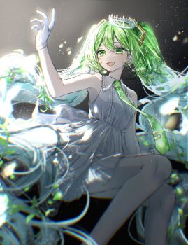 Rule 34 | 1girl, arm up, bare shoulders, black background, collared dress, commentary request, crown, double-parted bangs, dress, feet out of frame, gloves, green eyes, green hair, green necktie, hair between eyes, hatsune miku, highres, long hair, mallow (di fushang), necktie, open mouth, sleeveless, sleeveless dress, smile, solo, tie clip, very long hair, vocaloid, white crown, white dress, white gloves