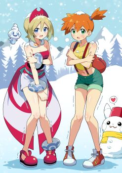 Rule 34 | 2girls, absurdres, blonde hair, blue eyes, breasts, eggman (ni tamagoex), gen 1 pokemon, gen 5 pokemon, green eyes, highres, irida (pokemon), medium breasts, misty (pokemon), multiple girls, nintendo, orange hair, pikachu, pokemon, pokemon (anime), pokemon (classic anime), pokemon legends: arceus, shoes, snow, trembling, vanillite