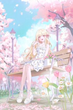 1girl absurdres bag bench blonde_hair blue_sky bracelet character_request cherry_blossoms cloud cloudy_sky collar copyright_request dress falling_petals flower hair_ornament highres jewelry lamp long_hair looking_to_the_side on_bench open_mouth outdoors petals red_eyes shoes sitting sky smile solo teeth tree upper_teeth_only white_dress white_shoes yur1ca