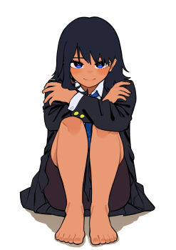 Rule 34 | 1girl, absurdres, barefoot, black hair, blazer, blue eyes, blue necktie, brown shorts, commentary request, full body, highres, jacket, kanke (kank06020602), looking at viewer, necktie, original, shorts, simple background, sitting, smile, solo, tan, white background