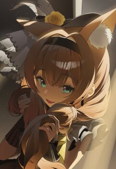 Rule 34 | :d, absurdres, animal ears, black dress, blue archive, dress, feathers, flower, green eyes, hair between eyes, hair flower, hair ornament, hashtag-only commentary, hat, highres, holding, holding own hair, light rays, looking at viewer, mari (blue archive), mari (idol) (blue archive), open mouth, september0405, smile, twintails