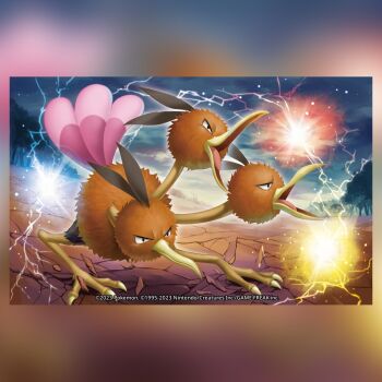 animal_focus closed_mouth cloud commentary company_name copyright_name copyright_notice debris dodrio electricity energy_ball english_commentary full_body gen_1_pokemon nintendo no_humans official_art open_mouth outdoors pokemon pokemon_(creature) pokemon_focus pokemon_move pokemon_tcg sky solo squatting third-party_source tongue tri_attack_(pokemon) tsutsui_misa