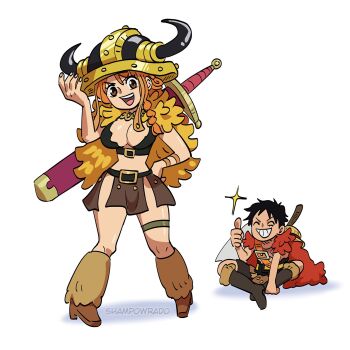 1boy 1girl 2025 artist_name axe belt_buckle black_hair boots bracelet braid braided_sidelock breasts brown_boots brown_eyes brown_loincloth buckle cape capelet cleavage commentary crop_top facial_scar facing_another fake_horns full_body fur-trimmed_cape fur-trimmed_capelet fur_trim grin hand_on_headwear hand_on_own_hip helmet highres horned_helmet horns indian_style jewelry large_breasts leg_warmers long_hair looking_at_viewer midriff miniskirt monkey_d._luffy monkey_d._luffy_(elbaf) nami_(one_piece) nami_(one_piece)_(elbaf) necklace official_alternate_costume official_alternate_hairstyle one_piece open_mouth orange_hair red_cape scar scar_on_cheek scar_on_face shampowrado short_hair single_sidelock sitting skirt smile sparkle standing sword sword_on_back symbol-only_commentary teeth thigh_strap thumbs_up upper_teeth_only weapon weapon_on_back white_background yellow_capelet