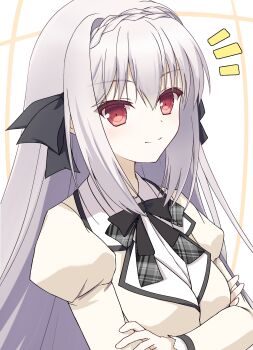 Rule 34 | 1230 mochi, 1girl, absurdres, black bow, black bowtie, blush, bow, bowtie, braid, closed mouth, collared shirt, commentary request, crossed arms, crown braid, grey hair, hair between eyes, hair bow, highres, jacket, juliet sleeves, long hair, long sleeves, looking at viewer, notice lines, puffy sleeves, red eyes, sakurakouji luna, school uniform, shirt, sidelocks, simple background, smile, solo, split mouth, straight hair, tsuki ni yorisou otome no sahou, upper body, very long hair, white background, white shirt, yellow jacket