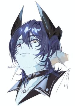 Rule 34 | 1boy, aqua skin, belt collar, black collar, black crown, blue hair, collar, collarbone, colored skin, commentary request, crown, dragon quest, dragon quest x, fins, fish boy, hair between eyes, head fins, looking down, male focus, pafe1128, portrait, short hair, smile, solo, twitter username, weddie (dq10), white background, yellow eyes