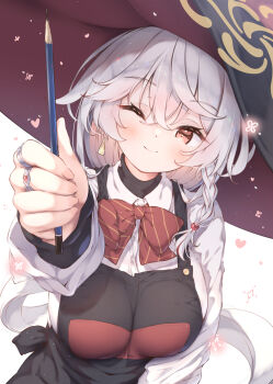 1girl apron black_apron blue_archive blush bow braid breasts collared_shirt commentary_request earrings eri_(blue_archive) hair_between_eyes halo hat highres holding holding_pencil jewelry large_breasts long_sleeves looking_at_viewer multiple_rings one_eye_closed orange_eyes pencil red_bow ring shirt single_earring smile solo striped_bow striped_clothes tilted_halo ukiwakisen vertical-striped_bow vertical-striped_clothes white_hair white_shirt witch_hat yellow_halo