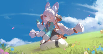 1girl absurdres animal_ear_fluff animal_ear_piercing animal_ears animal_feet animal_hands black_dress blue_shirt braid braided_twintails bug butterfly chinese_commentary closed_mouth cloud commentary_request day dress flong flower furry furry_female hair_ornament highres insect long_hair looking_at_viewer on_grass one_eye_closed outdoors pinafore_dress rabbit_ears rabbit_girl rabbit_tail red_eyes shirt sitting sky sleeveless sleeveless_dress solo sphere_hair_ornament tail twin_braids zenless_zone_zero zhao_(zenless_zone_zero)