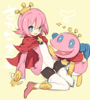 +_+ 1boy black_legwear blue_eyes boots cape character_name crown dual_persona fish full_body gloves highres jacket kneeling madou_monogatari nakamura_sandayo ocean_prince pantyhose pentacle pink_hair puyopuyo puyopuyo_fever salde_canarl_shellbrick_iii sitting sketch smile thigh_boots thighhighs wariza yellow_background