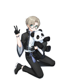 1boy absurdres animal animal_hug belt black-framed_eyewear black_belt black_gloves black_jacket black_pants black_shoes bracelet closed_mouth closers full_body glasses gloves green_eyes grey_hair hand_up highres holding holding_animal jacket jewelry kneeling male_focus mandarin_collar mistilteinn_(closers) official_art open_clothes open_jacket panda pants round_eyewear shirt shirt_tucked_in shoes short_hair smile solo teardrop-framed_glasses w white_background white_shirt wide_sleeves