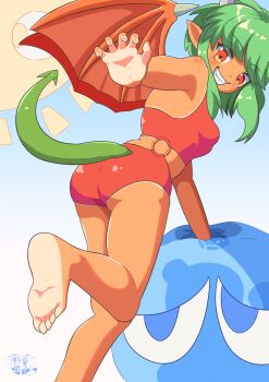 1girl barefoot claw_pose draco_centauros dragon_girl dragon_horns dragon_tail dragon_wings green_hair green_tail highres himeko_nodanuki horns long_sidelocks looking_at_viewer looking_back medium_hair o-ring o-ring_swimsuit one-piece_swimsuit pointy_ears puyo_(puyopuyo) puyopuyo puyopuyo_sun red_eyes red_one-piece_swimsuit red_wings sharp_teeth sidelocks sky smile soles solo sun swimsuit tail tan teeth translation_request watermark wings